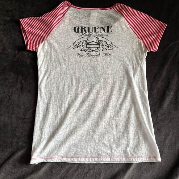 Harley-Davidson Skull Graphic Tee | Size L | Red White Striped Sleeves USA Made - Picture 10 of 14